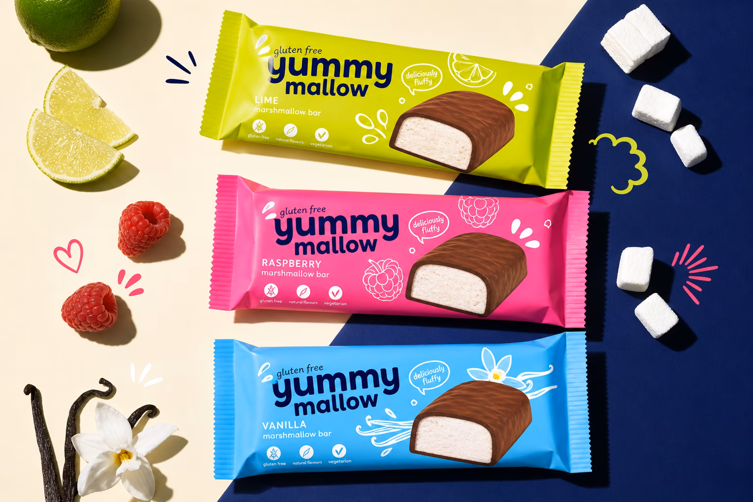 Packaged gluten free marshmallow bars on a shelf