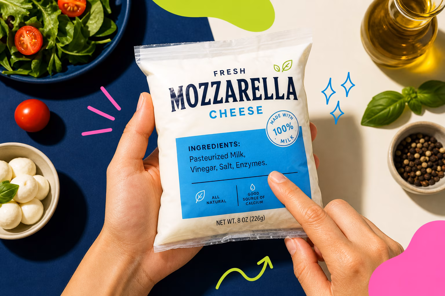 Reading a mozzarella cheese label in a store