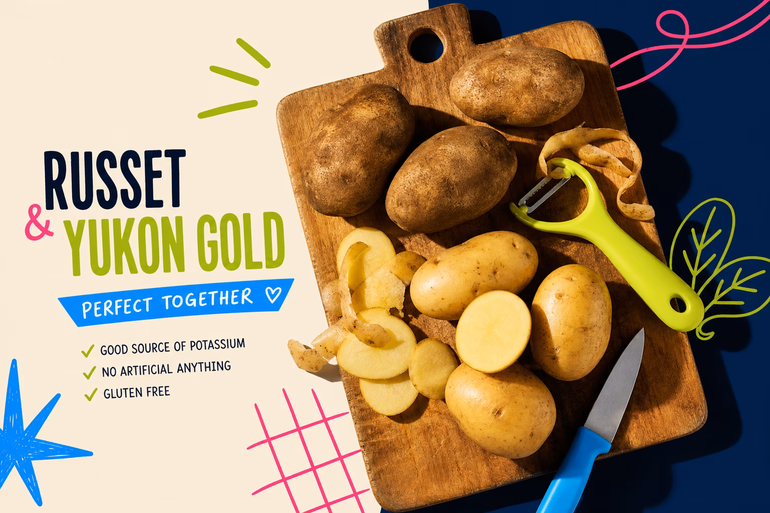 Russet and Yukon Gold potatoes for hash browns