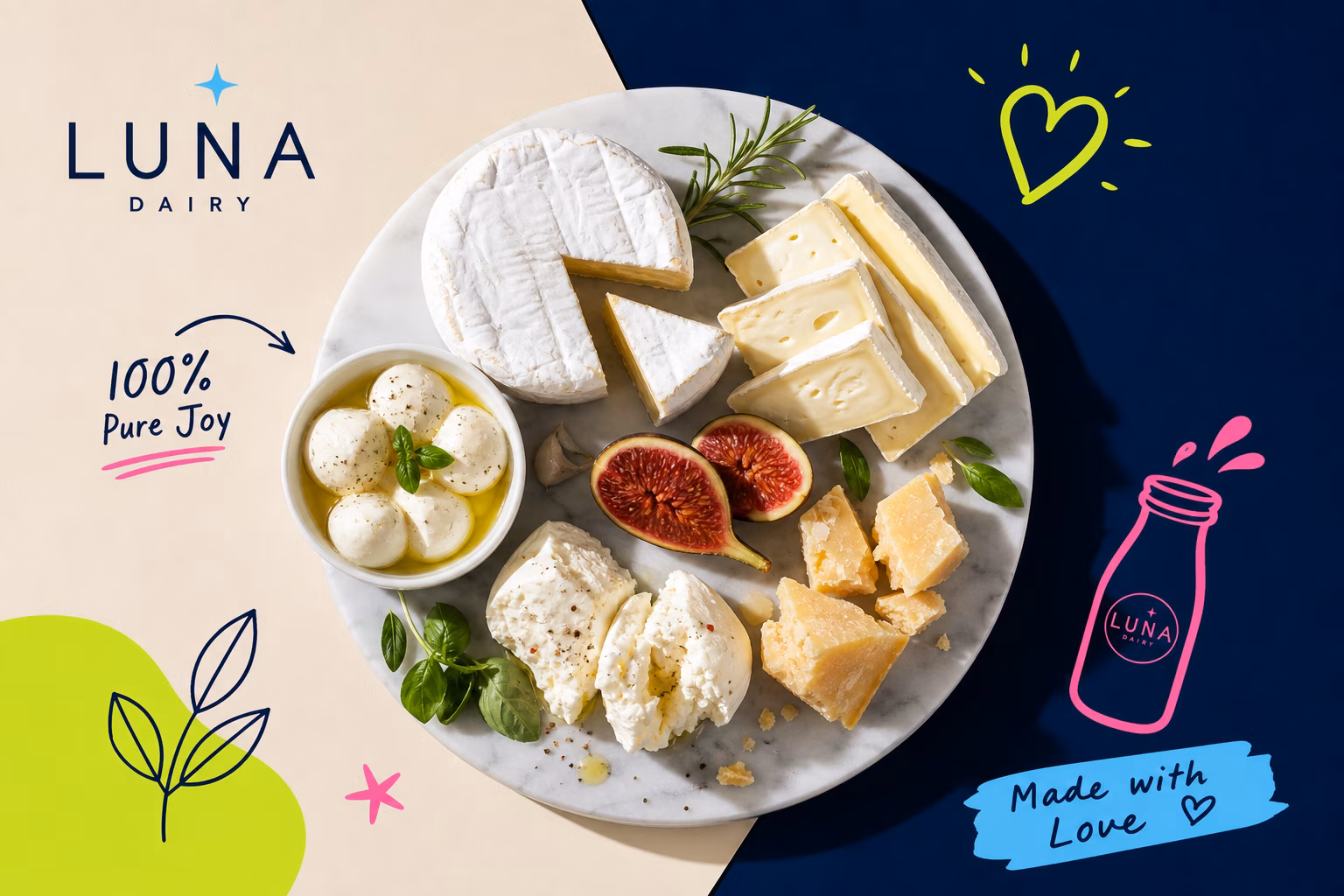 Soft cheeses like brie and mozzarella on a platter