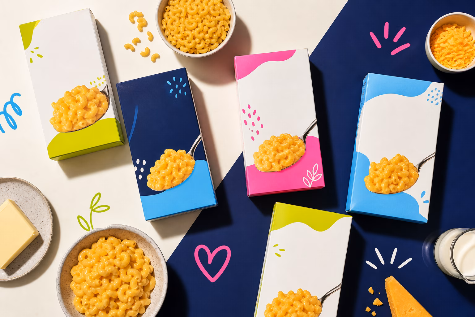Variety of store-bought gluten-free mac and cheese boxes