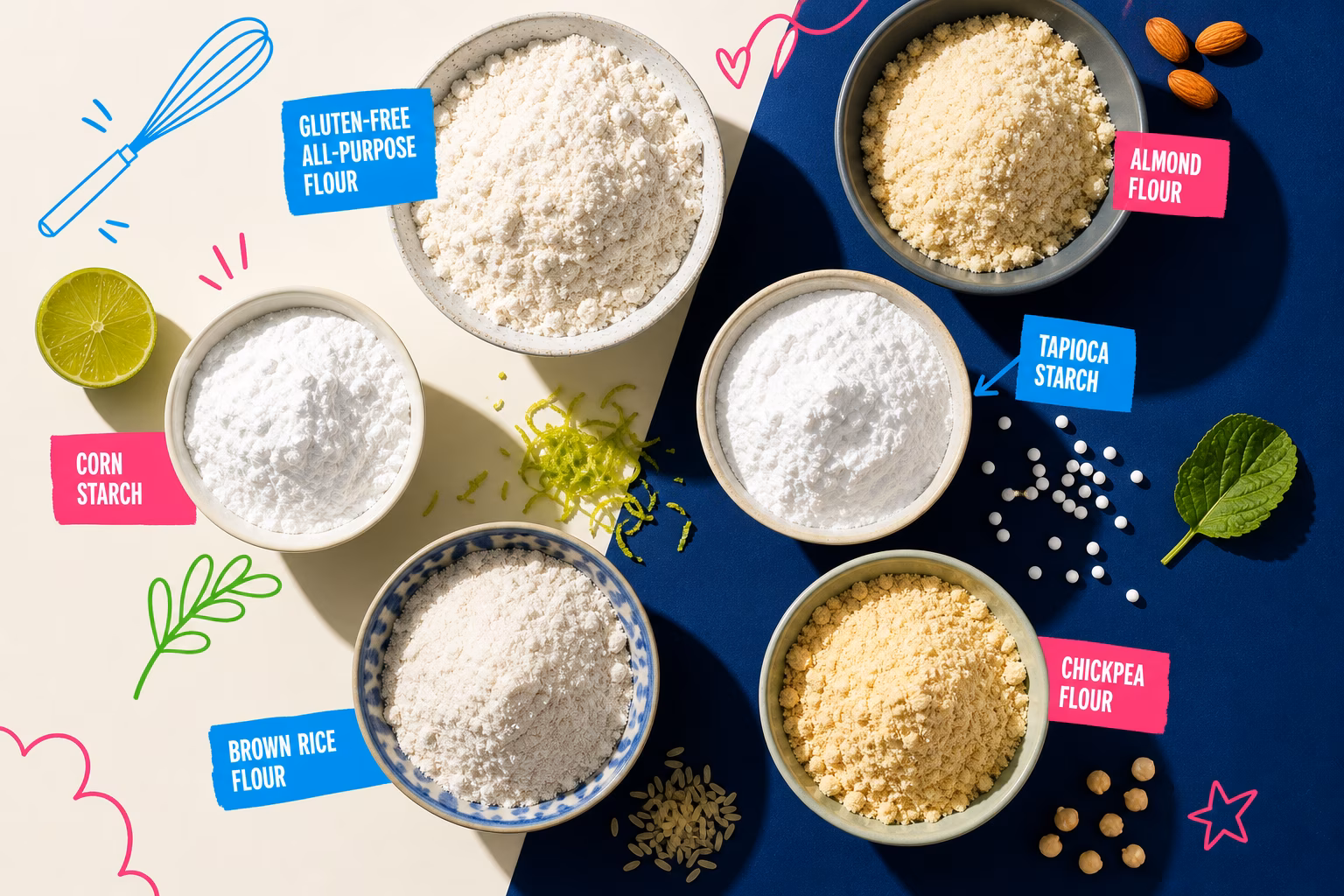 Various gluten-free flours and starches in bowls