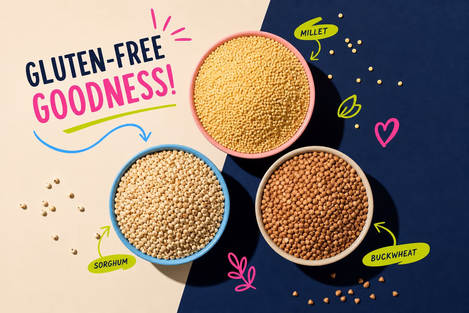 Various gluten-free grains on a wooden table