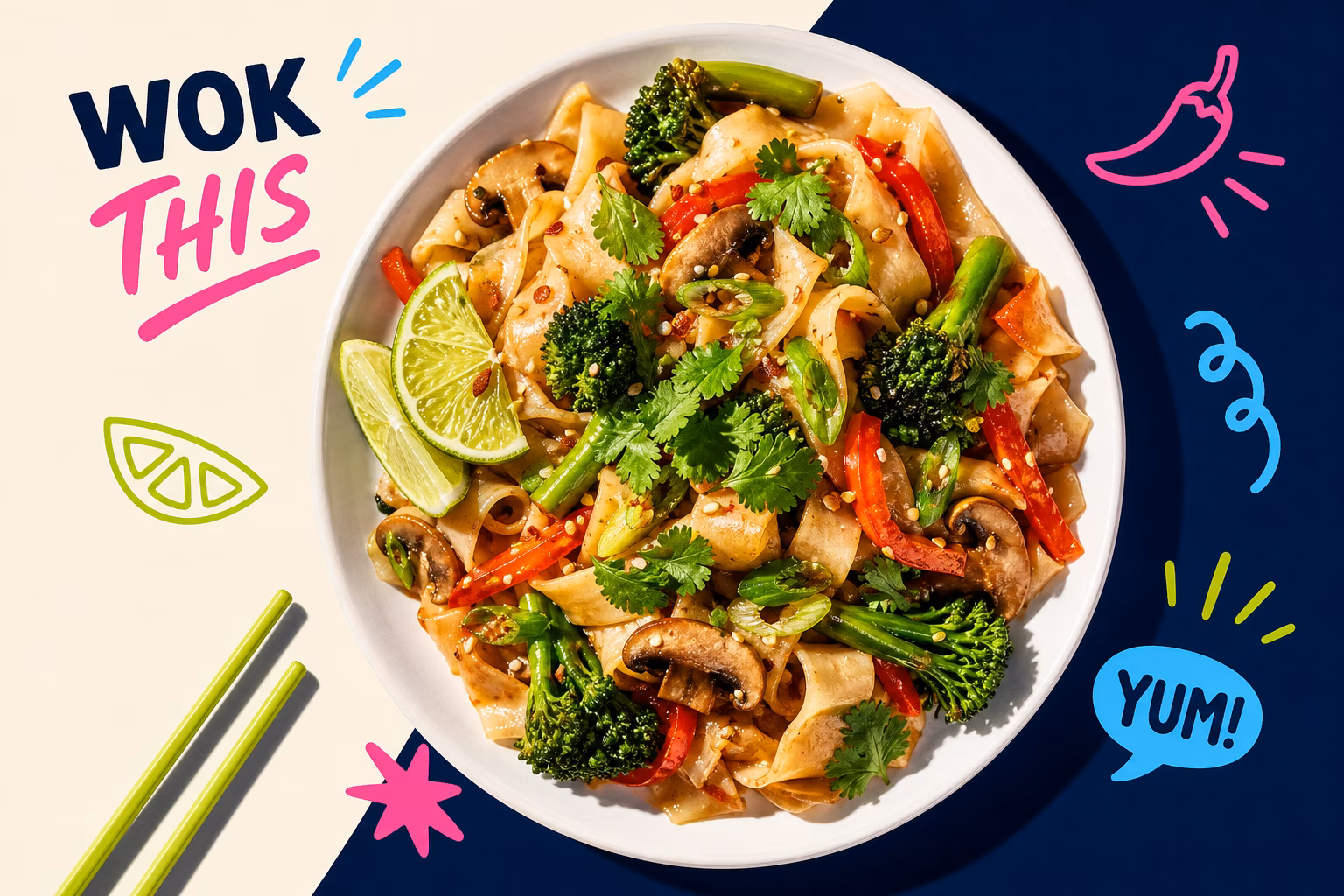 Wide rice noodles with vegetables