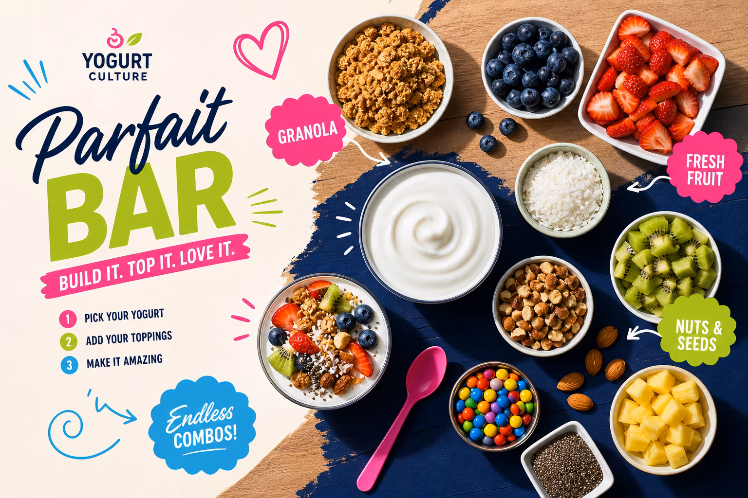Yogurt parfait bar with fresh fruits and nuts