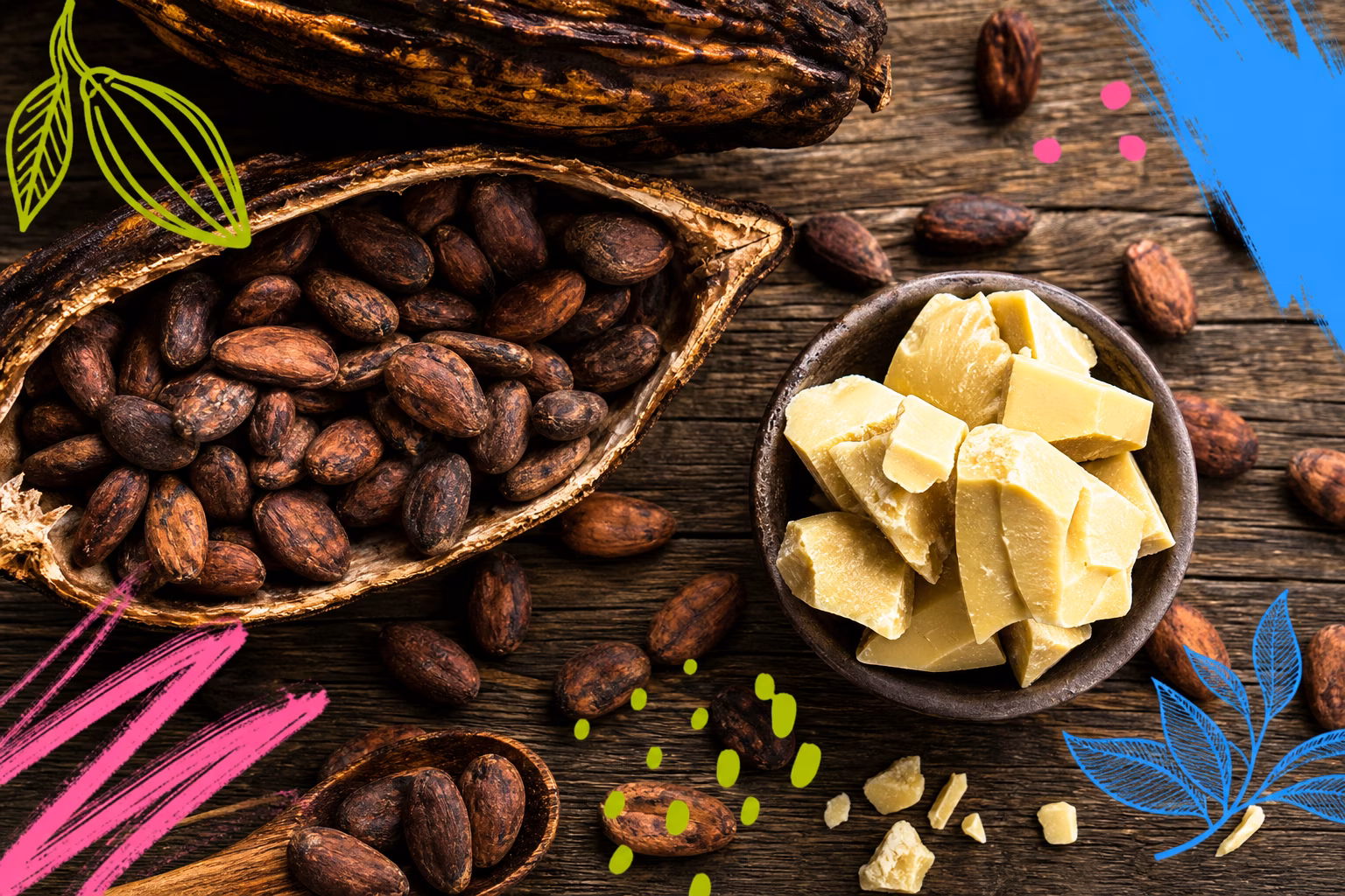 Cocoa beans and cocoa butter on a rustic table