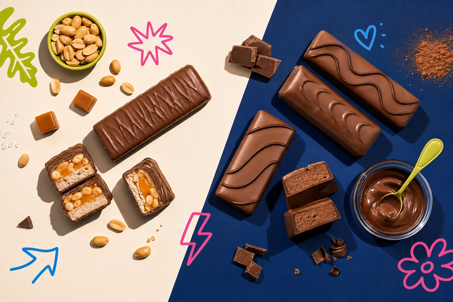 Selection of gluten-free chocolate bars like Snickers and Dove